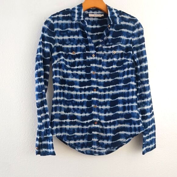 Tory Burch Women’s Blue & White Tie Dye long sleeve button down  Blouse size 0 - Picture 1 of 8
